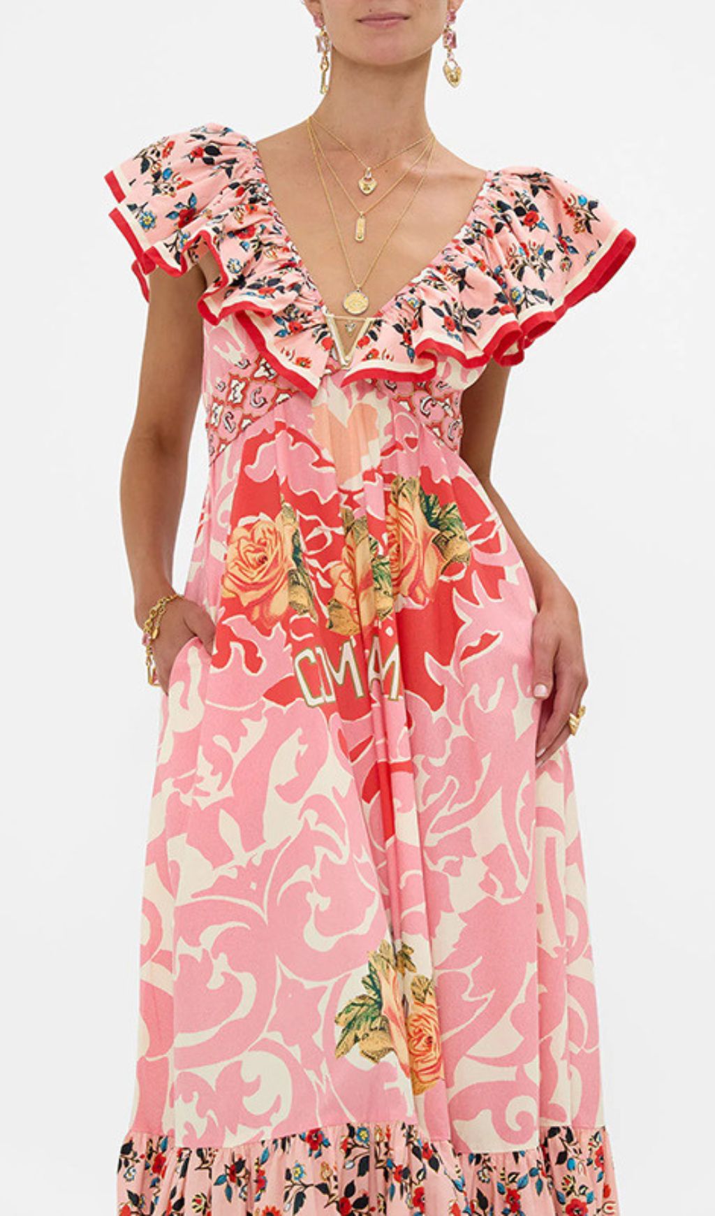 PINK V-NECK PRINTED MAXI DRESS AESTHETIC - OWNCI PINK V-NECK PRINTED MAXI DRESS AESTHETIC - OWNCI