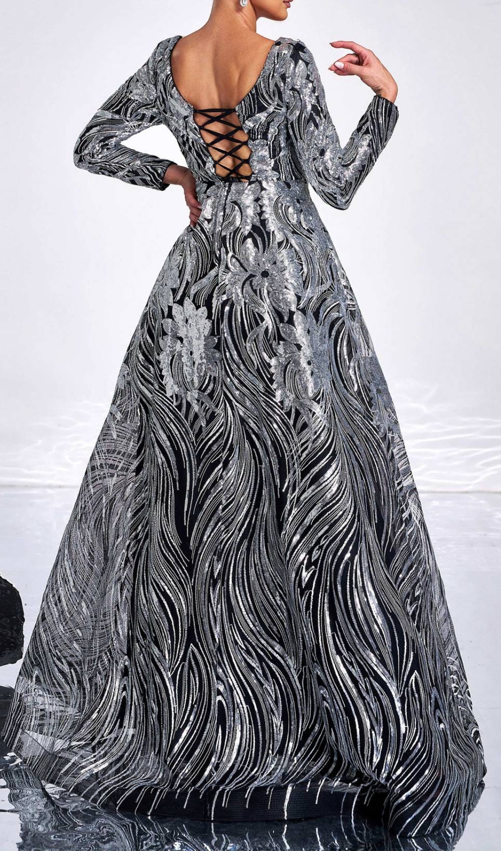 Fashionslee Women Charae Silver Sequin Long Sleeve Maxi Dress