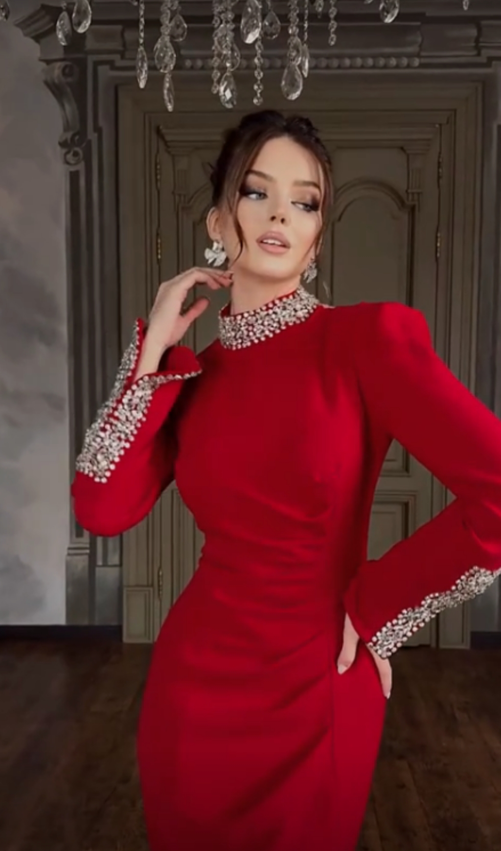 Fashionslee Women Bridie Red Long Sleeve Crystal Midi Dress
