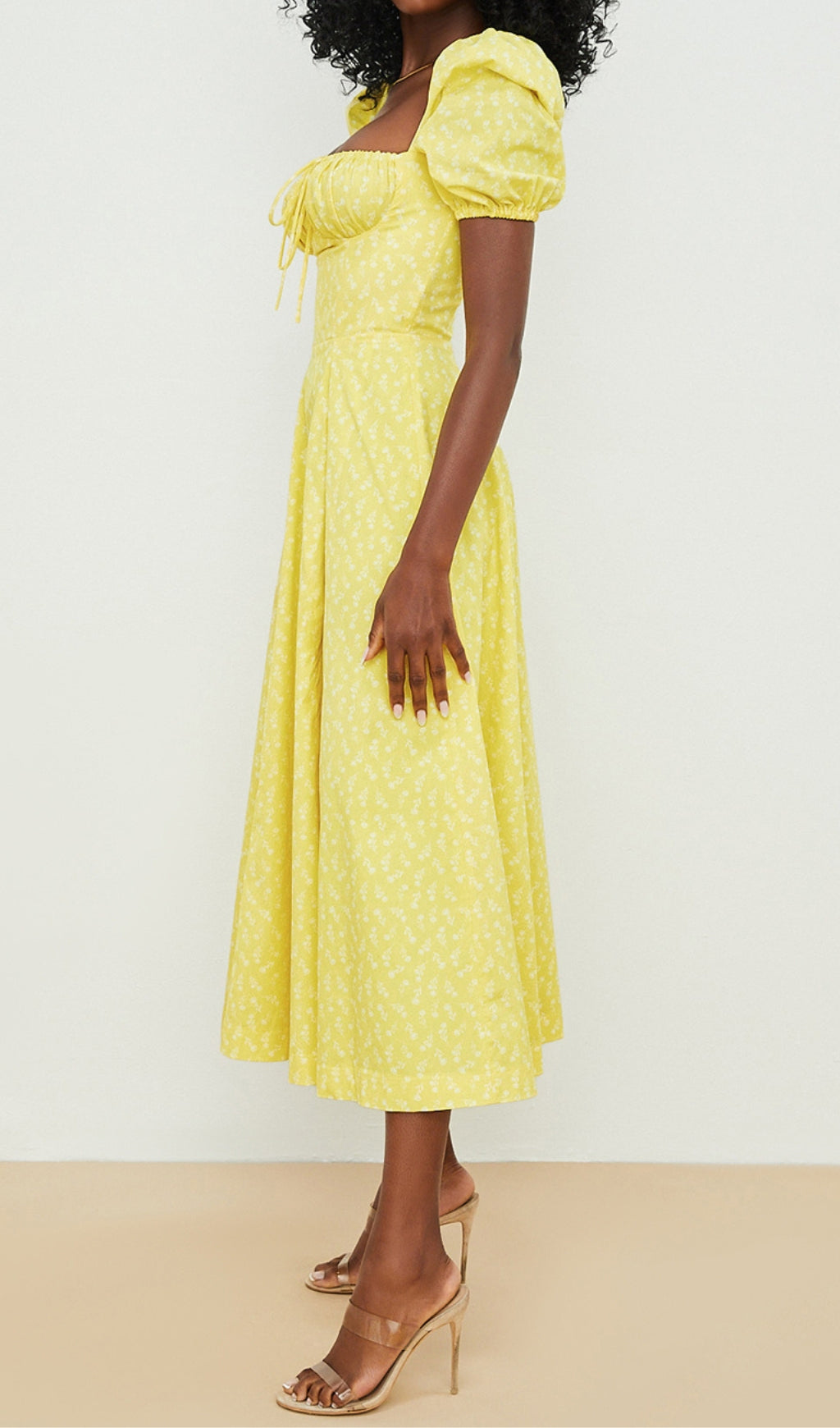 Fashionslee Women Vintage Floral Puff Sleeve Midi Dress In Yellow