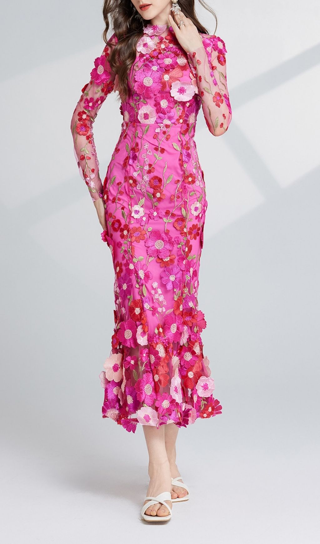 2f90160a89037faa634f6360b2f193aa.jpg Fashionslee Women Carol Rose Red Floral Embroidery Mesh Fishtail Long Sleeve Midi Dress