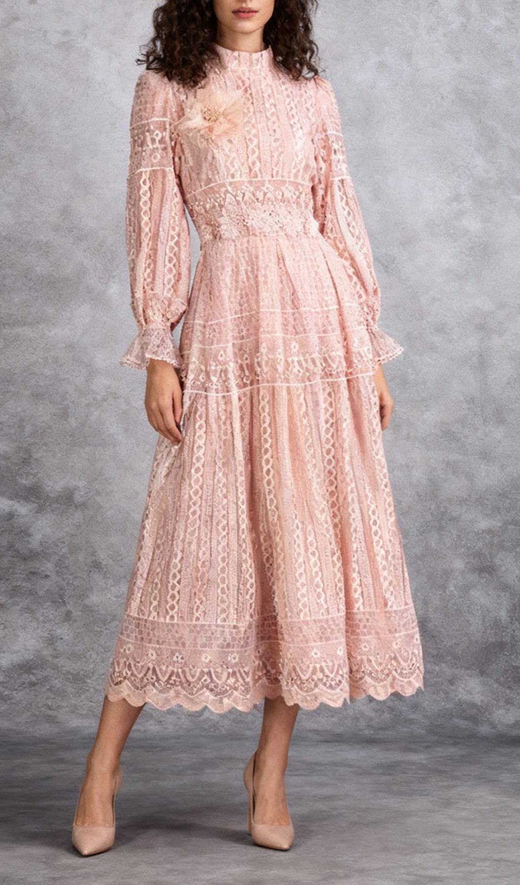 Fashionslee Women Ivah Flower Embroidery Long Sleeve Midi Dress