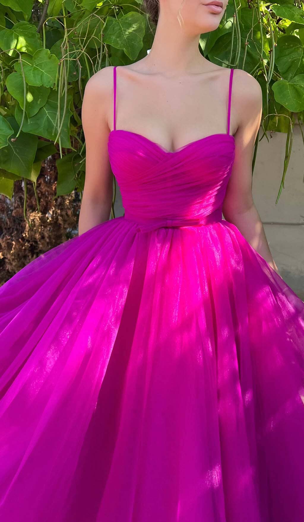 Fashionslee Women Pleats Spaghetti Straps Midi Dress In Hot Pink