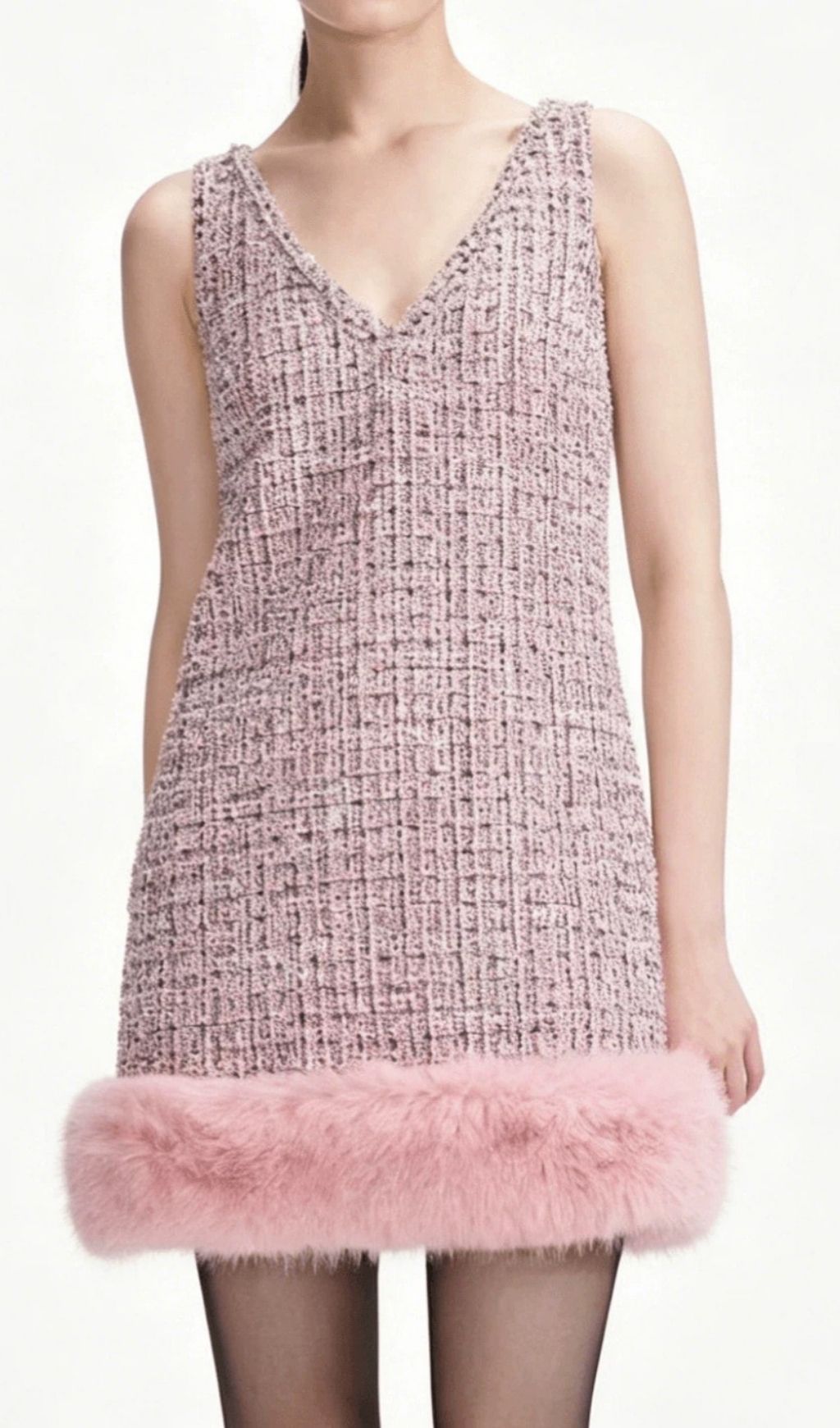 Fashionslee Women Kiffany Pink V-Neck Fluffy Hem Mini Dress