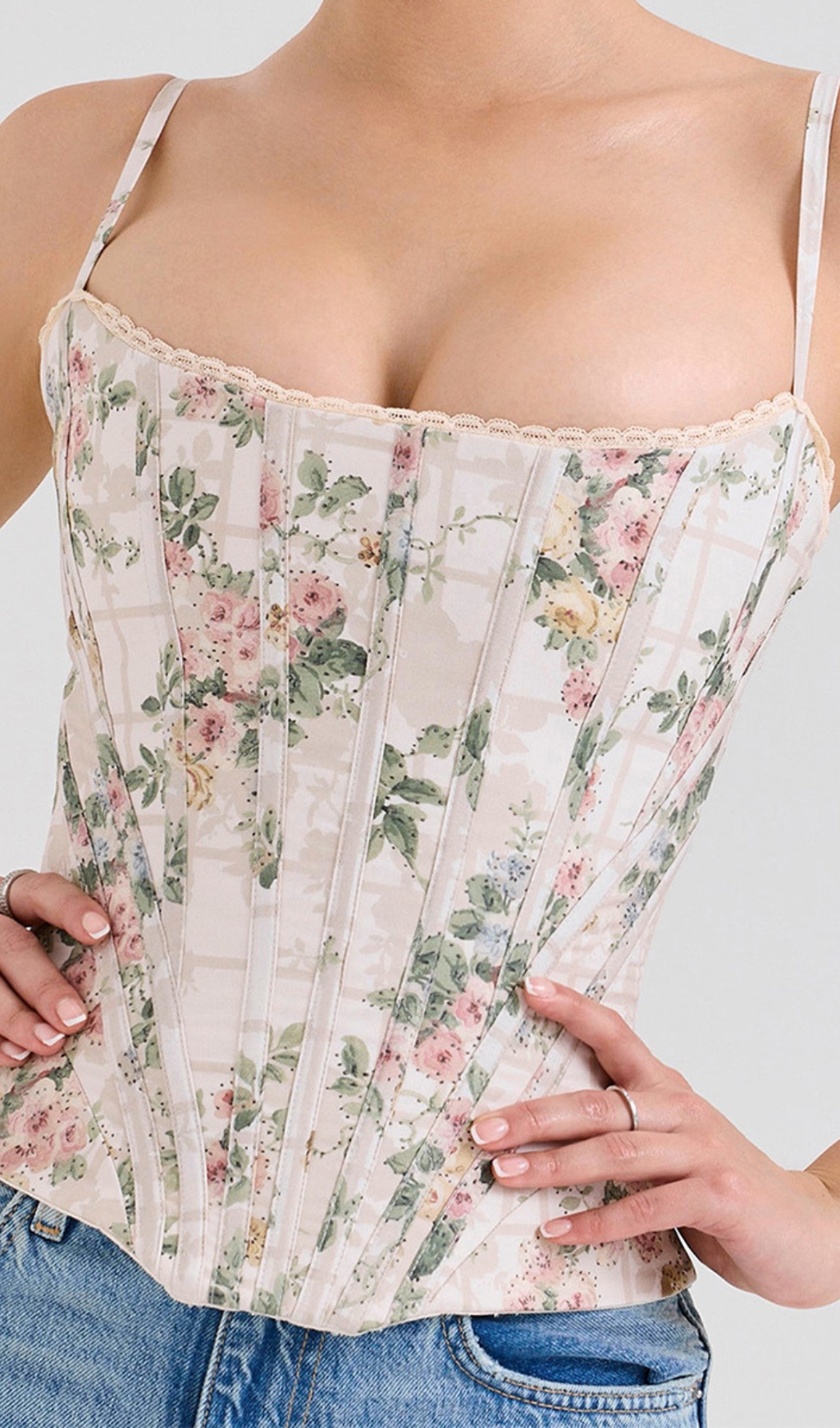 Fashionslee Women Devica Beige Floral Corset Top