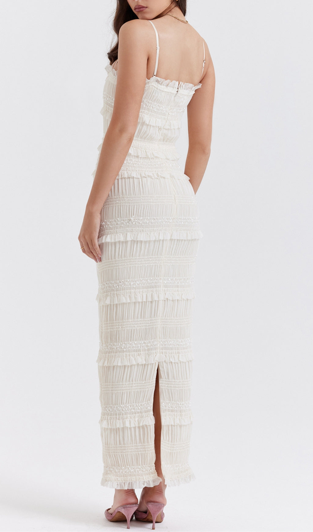 301cbada8e67d0b4ef9bfc7a91308c44.jpeg Fashionslee Women Ivory Sequin Pleat Maxi Dress