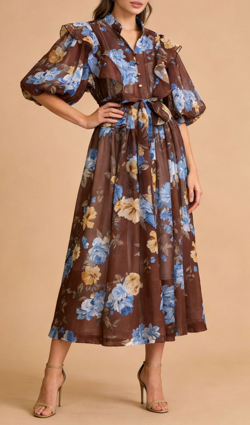 Fashionslee Women Kandace Floral Puff-Sleeve Midi Dress