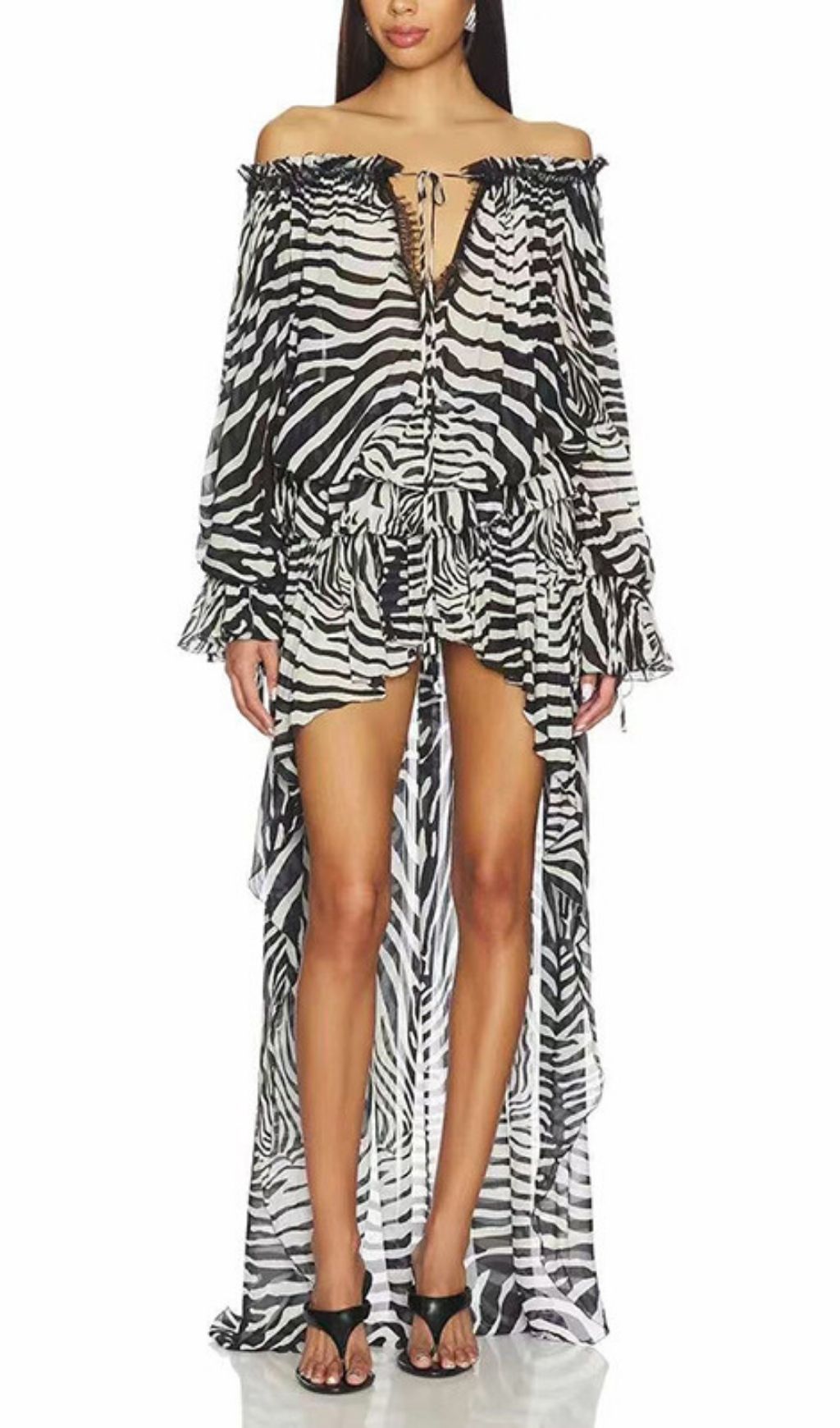 Fashionslee Women Kayoko Zebra Stripe Off-Shoulder Maxi Dress