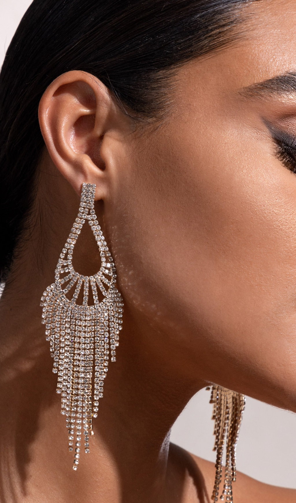 Fashionslee Women Gold Diamante Teardrop Tassel Earrings