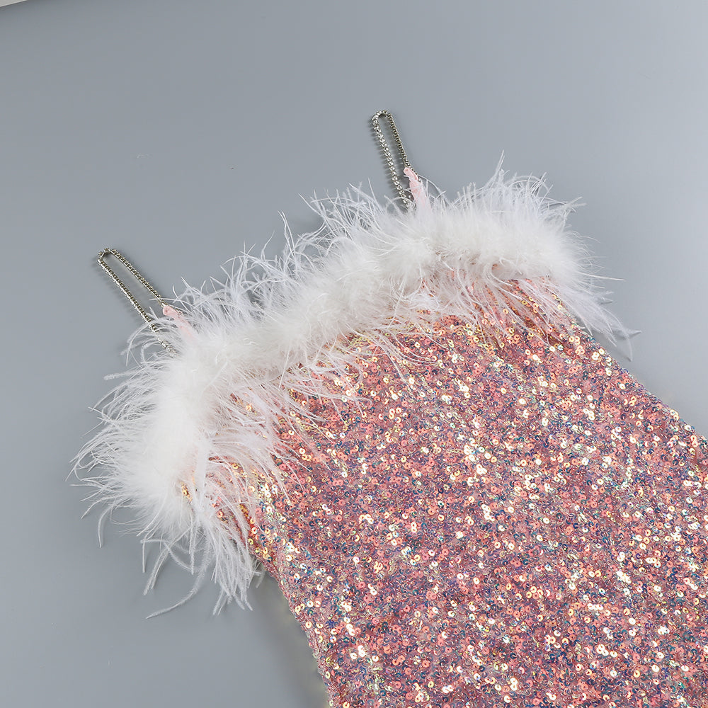 PINK SEQUIN FEATHER MIDI DRESS – VIRAL PARTY - OWNCI PINK SEQUIN FEATHER MIDI DRESS – VIRAL PARTY - OWNCI