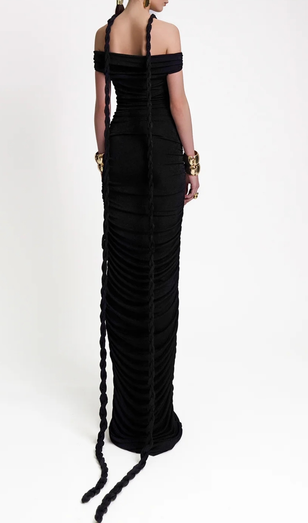 Fashionslee Women Buddug Black Bardot Ruched Maxi Dress