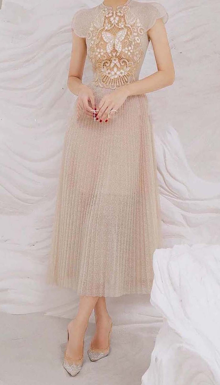 Fashionslee Women Pleated Embroidery Midi Dress In Beige