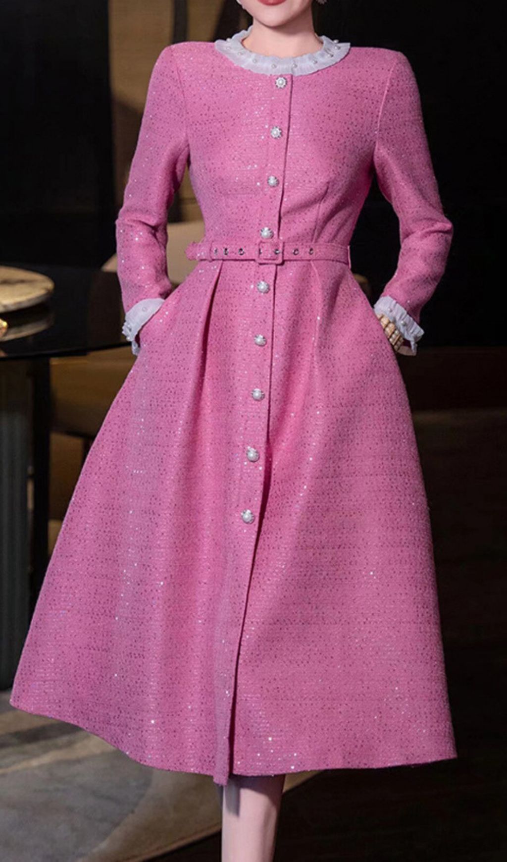 Fashionslee Women Hong Pink Long Sleeve Midi Dress