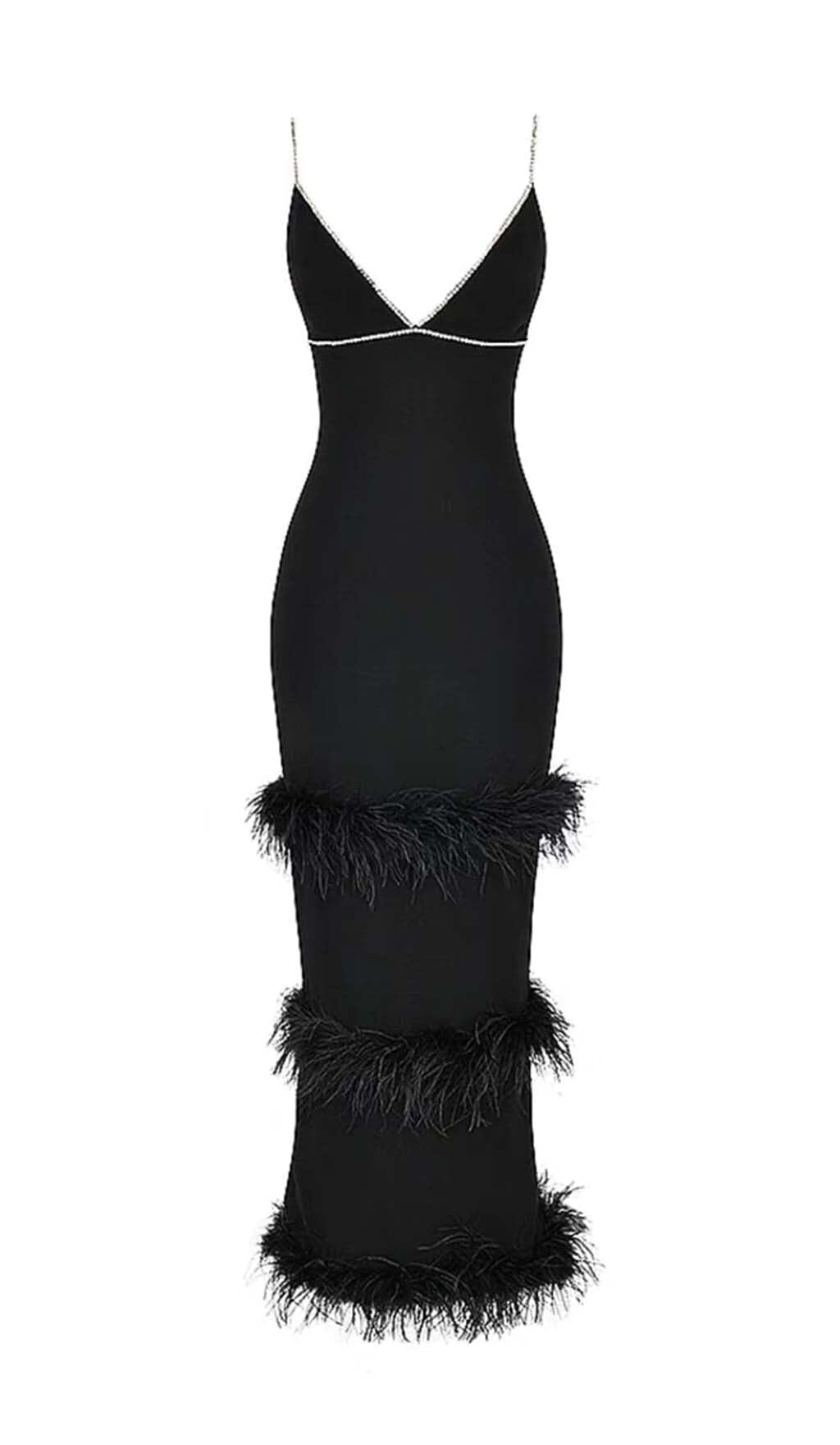 316d1f491c7f32f194a5cd724d1c3041.jpeg Fashionslee Women Rhinestone Tiered Feather Midi Dress In Black