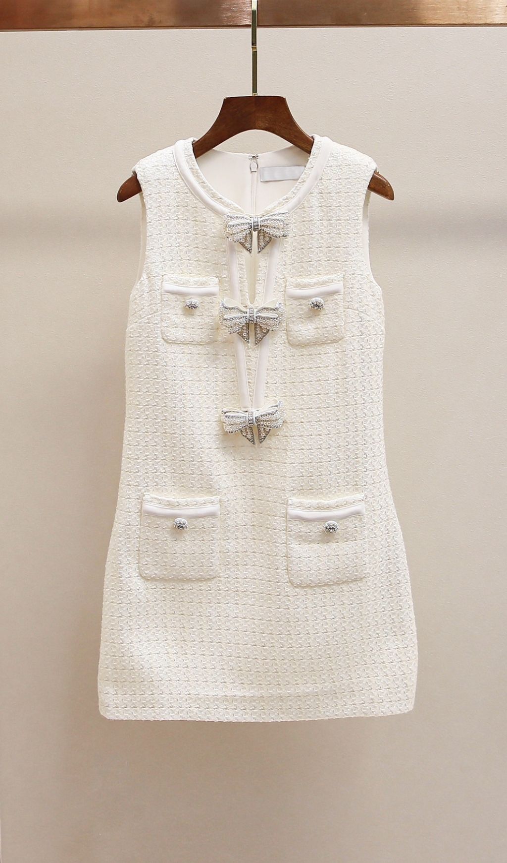 CREAM BOUCLE BOW VIRAL MINI DRESS
