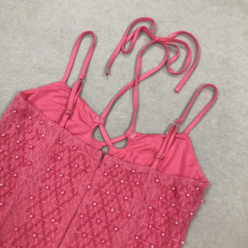 Fashionslee Women Bakwina Pink Pearl Sequin Lace Up Maxi Dress