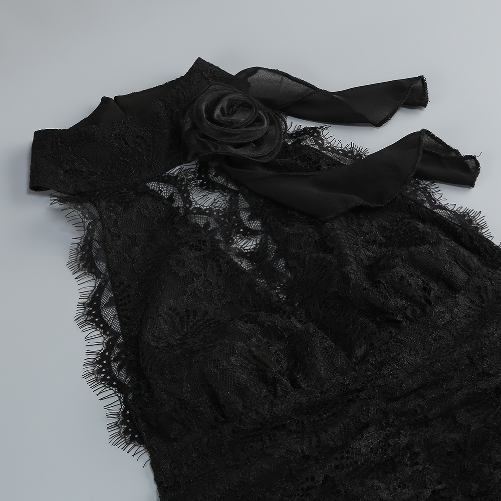 Fashionslee Women Hillel Black Halter Lace Maxi Dress