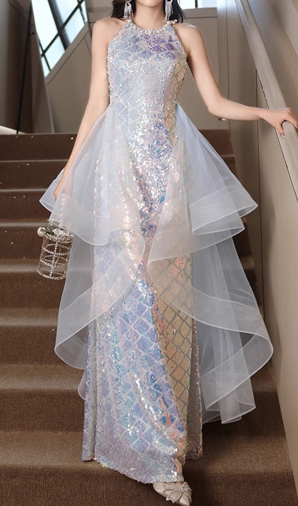 Fashionslee Women Cosette Halter Sequin Mesh Maxi Dress