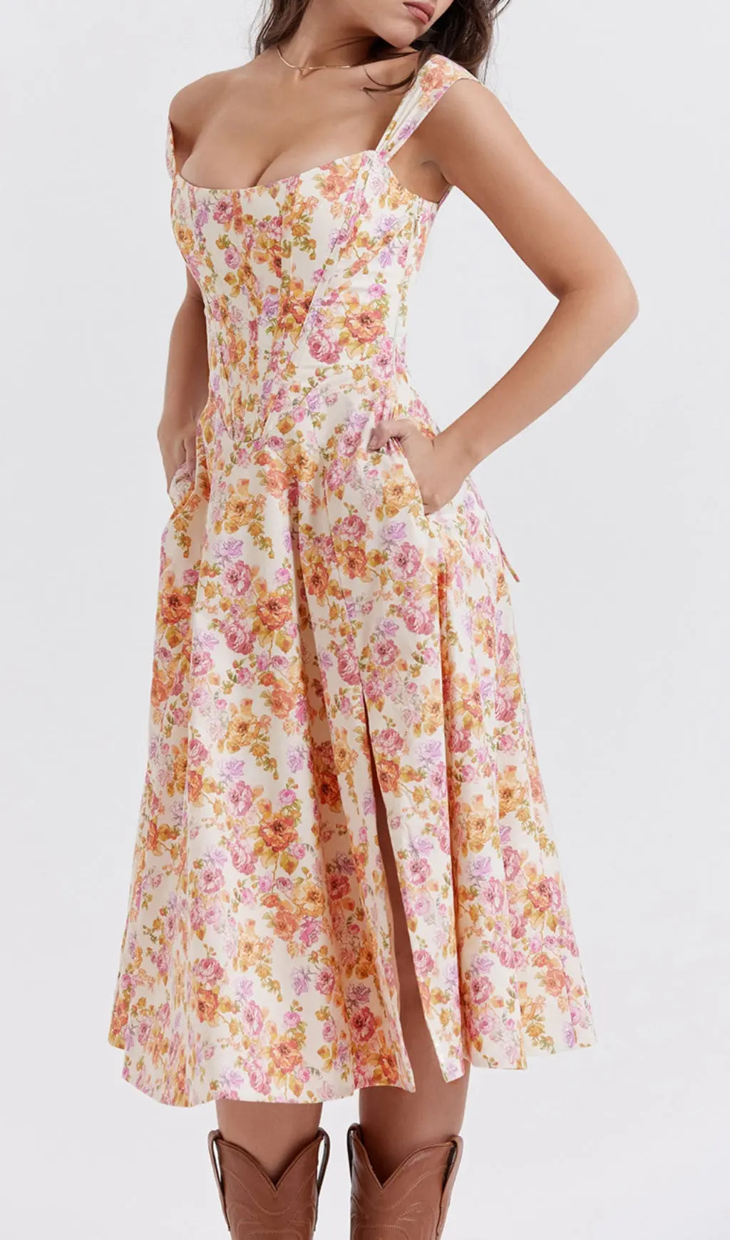 Fashionslee Women Ivory Floral Midi Sundress