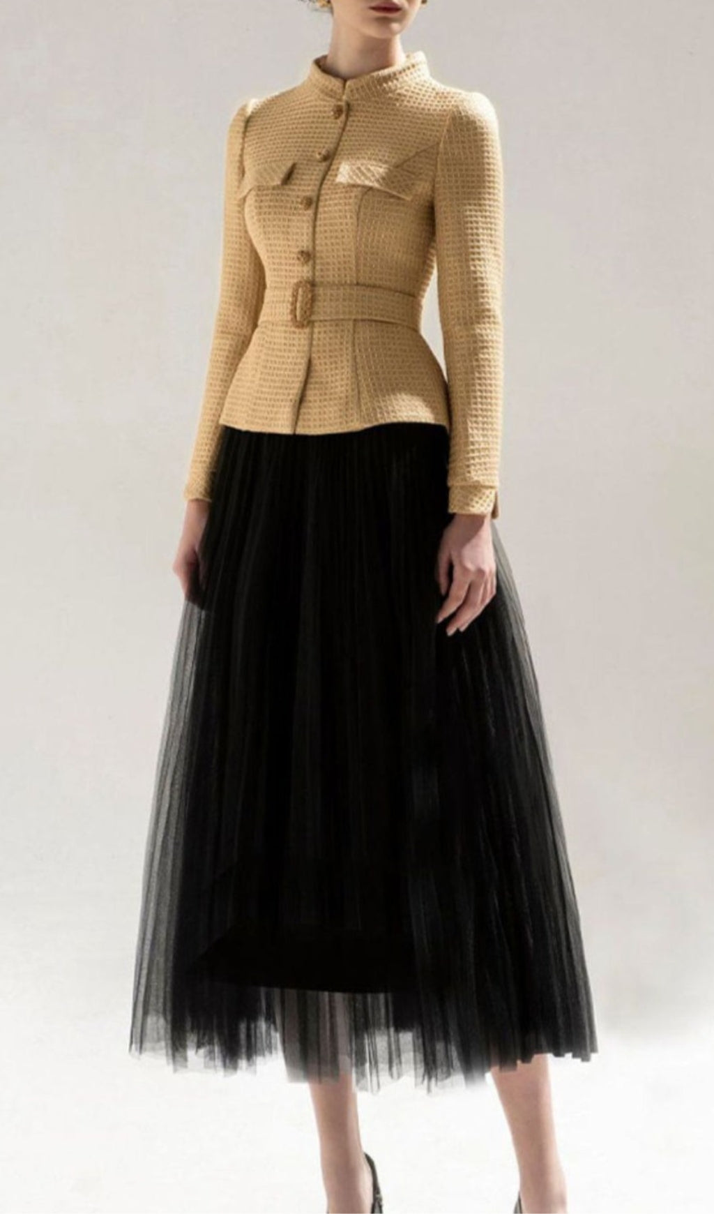 Fashionslee Women Ayaka Tweed Short Coat Mesh Skirt Suit
