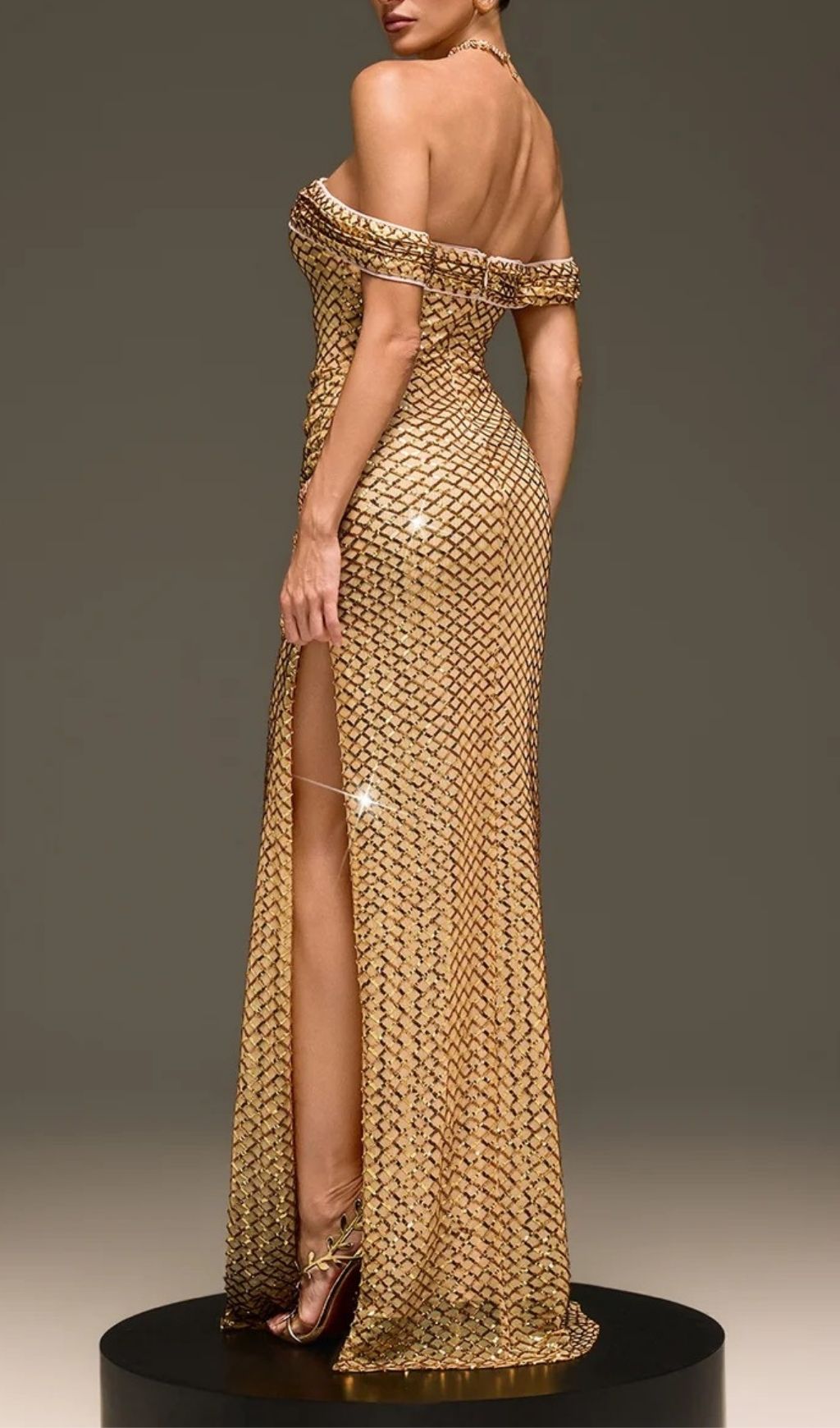 Fashionslee Women Glein Off Shoulder Sequin Split Maxi Dress