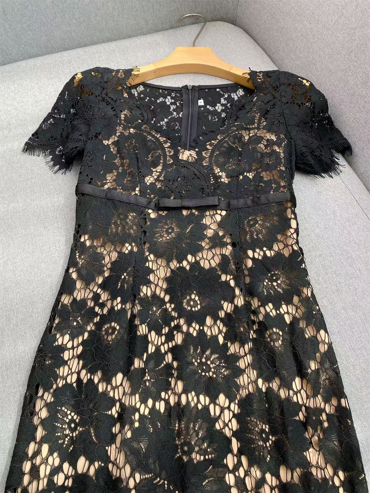 Fashionslee Women Imelda Black V-Neck Lace Midi Dress