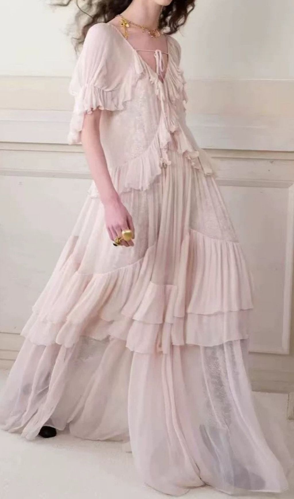 32c764a0c1128ed083a7f02f1f150ff7.jpg Fashionslee Women Kimamana Pink V-Neck Ruffle Maxi Dress