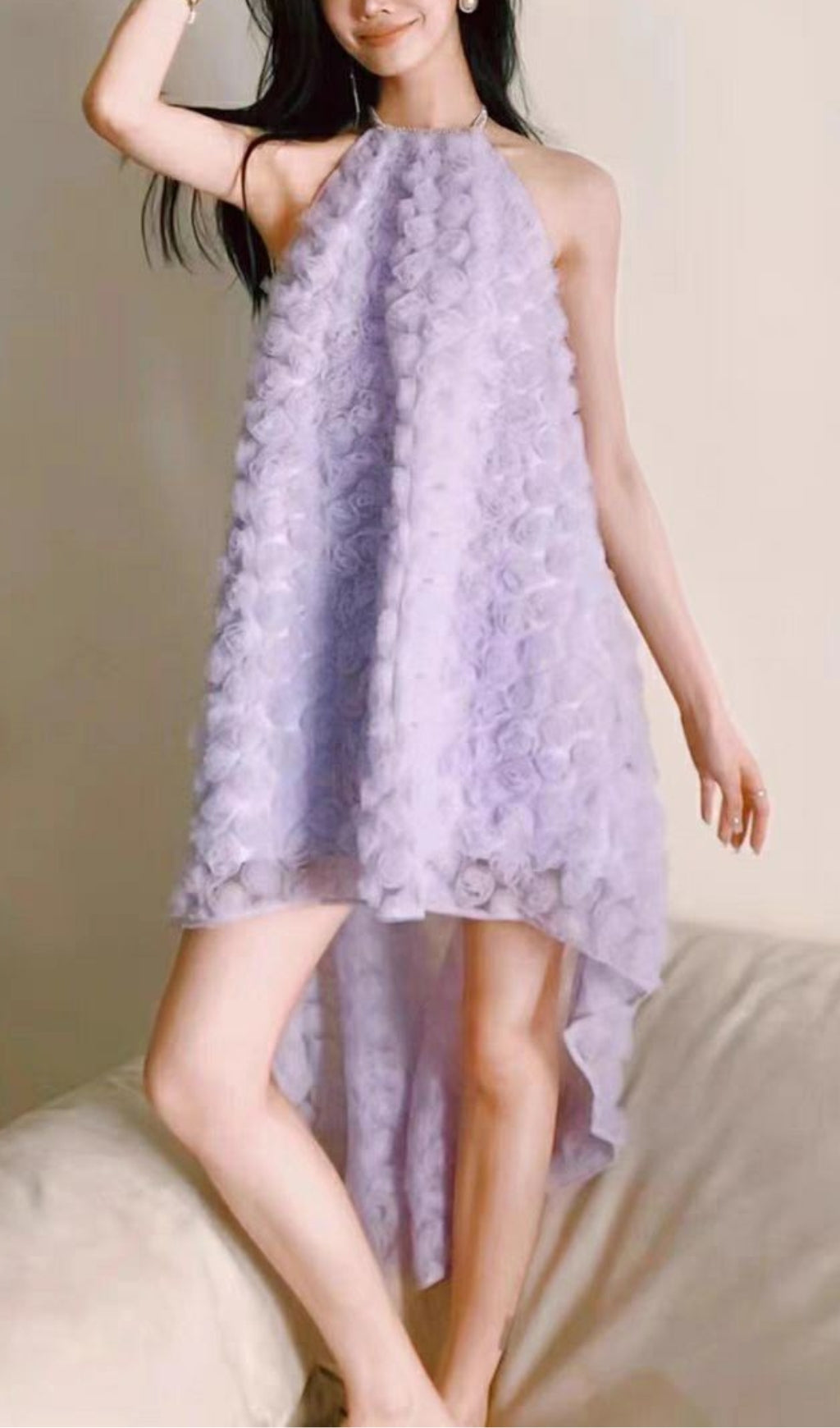 Fashionslee Women 3D Purple Rose Halter Neck Backless Midi Dress