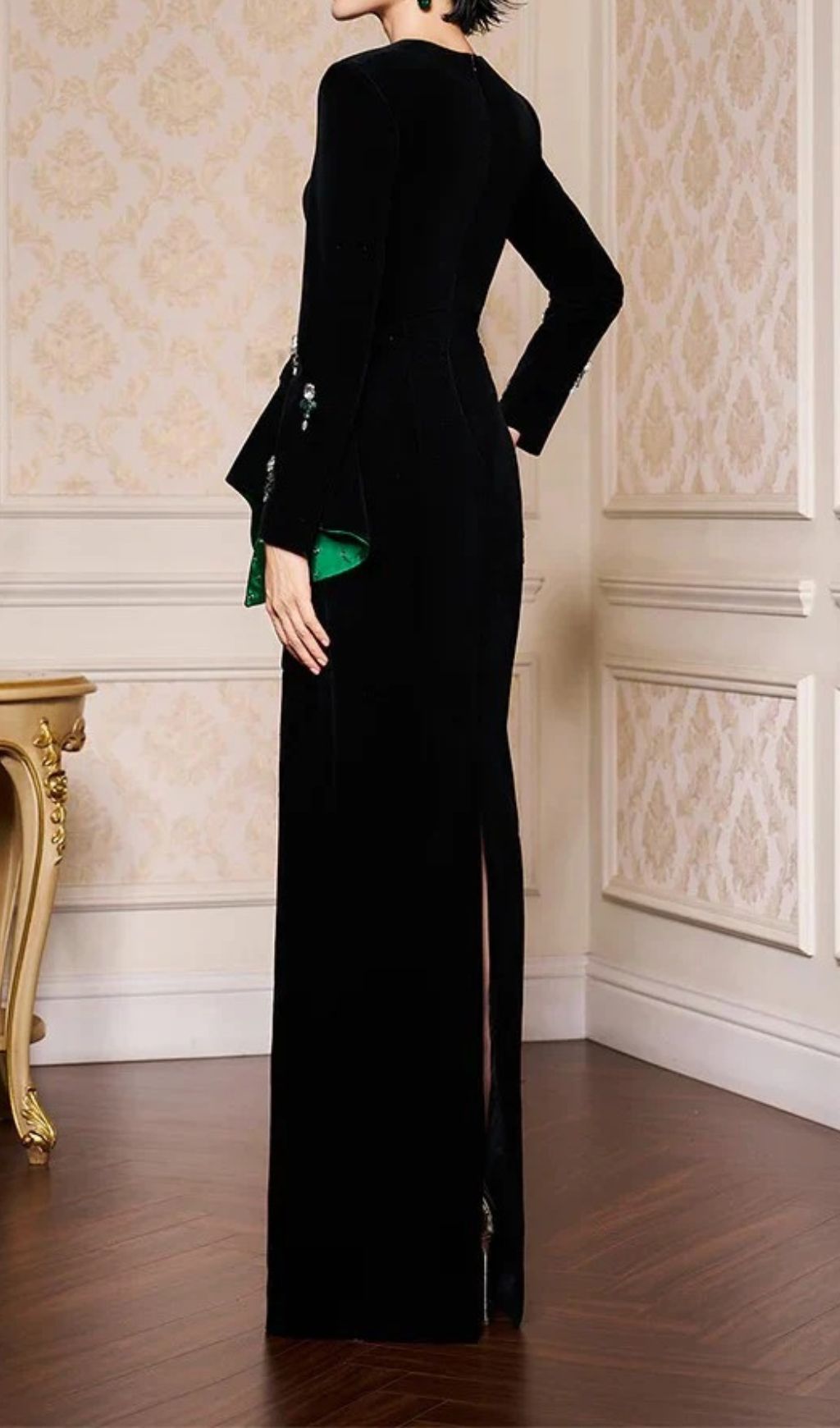 Fashionslee Women Hedya Black Crystal Long Sleeves Maxi Dress