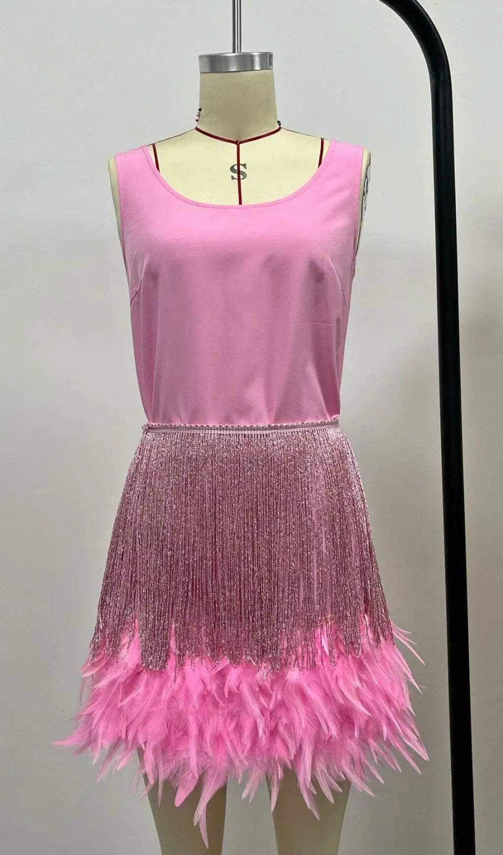 Fashionslee Women Shiny Fringe Feather Mini Dress In Pink