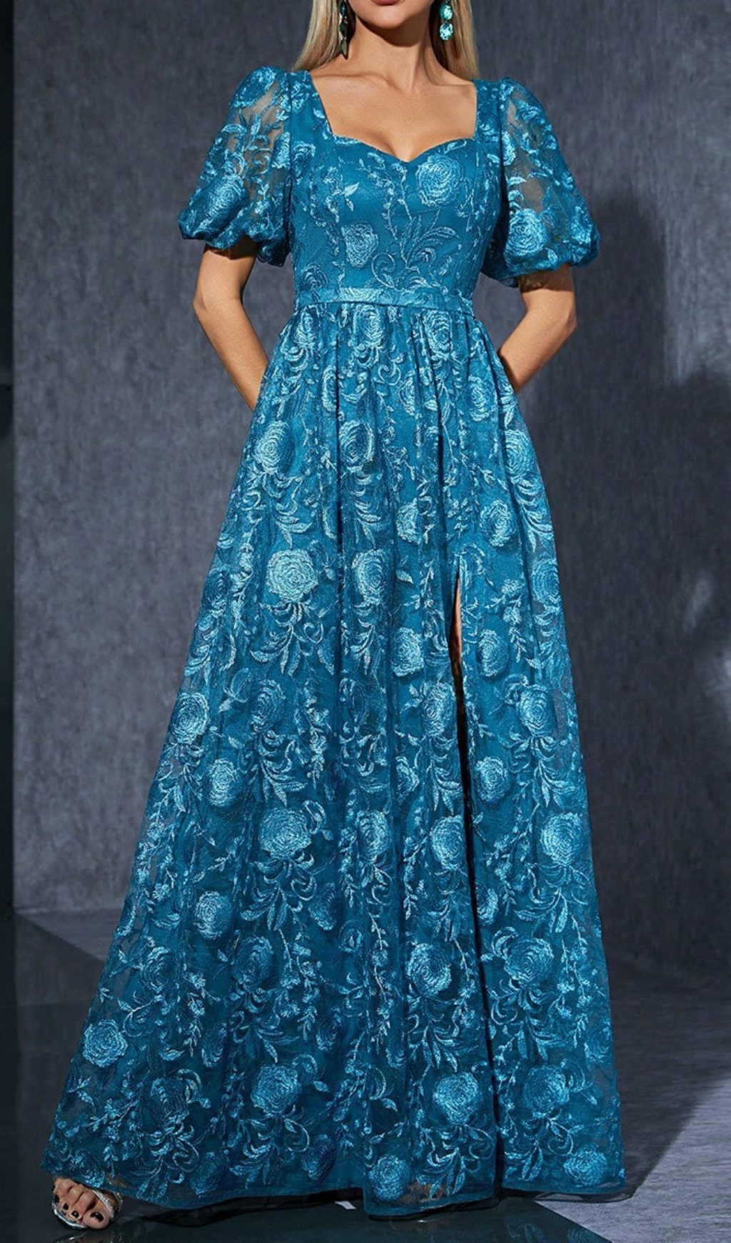 Fashionslee Women Dione Blue Puff Sleeve Flower Maxi Dress