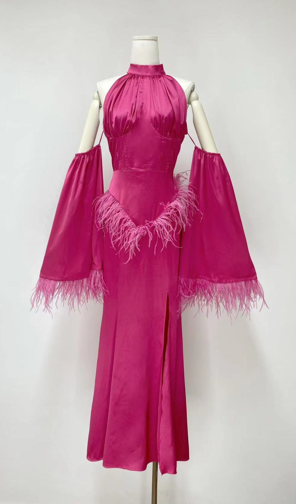 33e65d1b2cb72400b76ac6c0adbf87b2.jpeg Fashionslee Women Astra Pink Halterneck Feather Satin Dress
