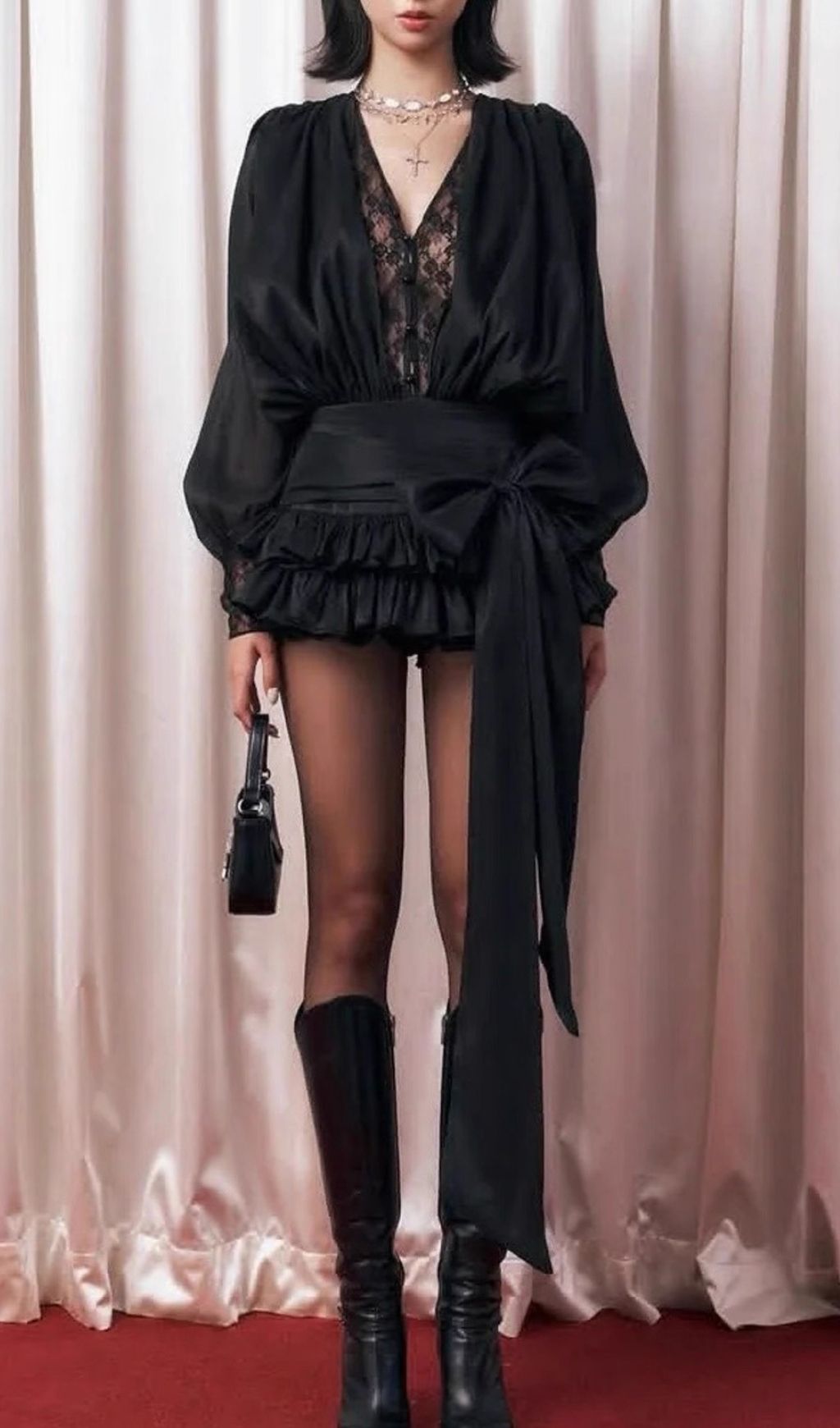 3418ad7105f4e4bc2babb2d25c76fdf3.jpg Fashionslee Women laeron V Neck Lace Bow Mini Dress In Black