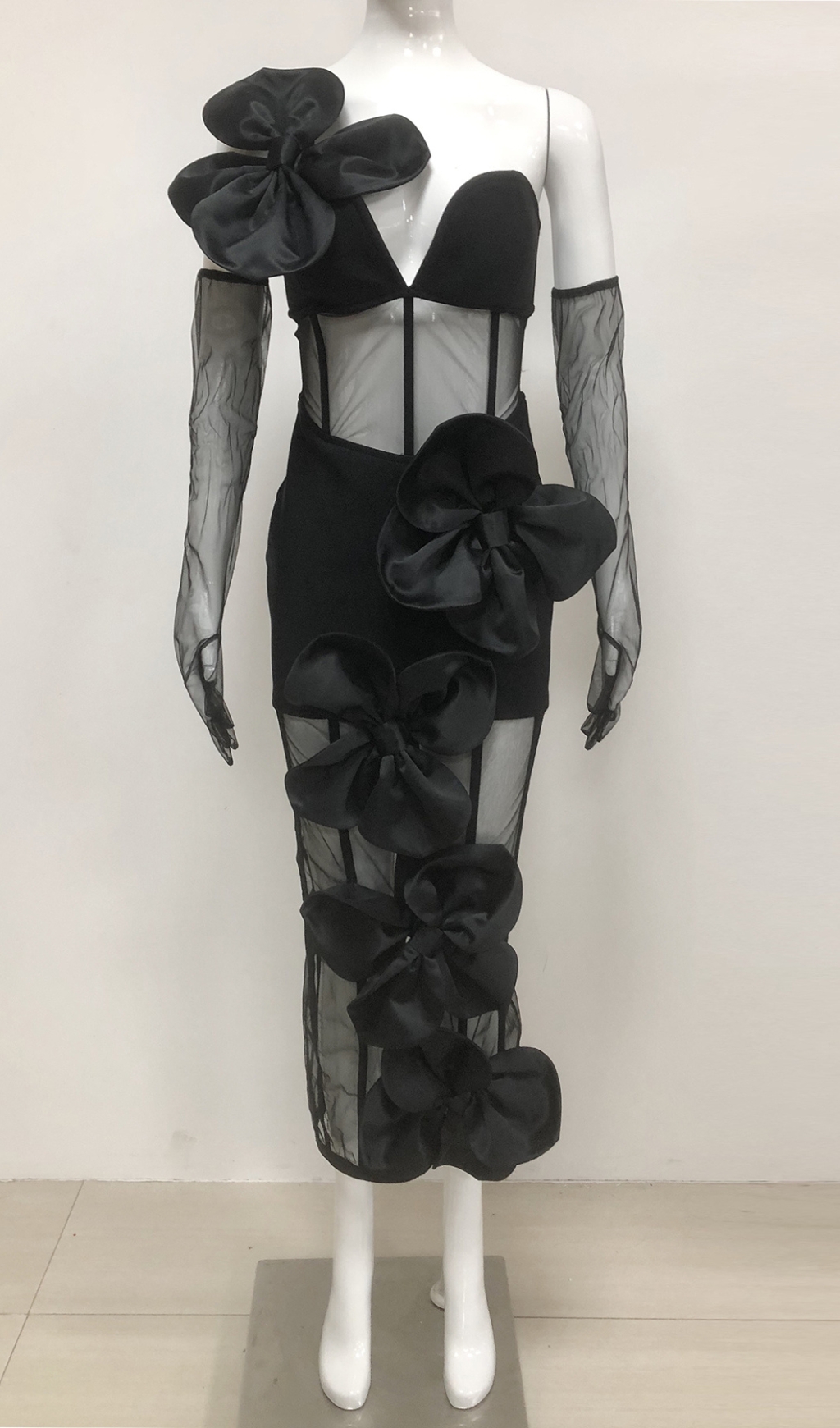 Fashionslee Women Estella Black Flower Mesh Bandage Midi Dress