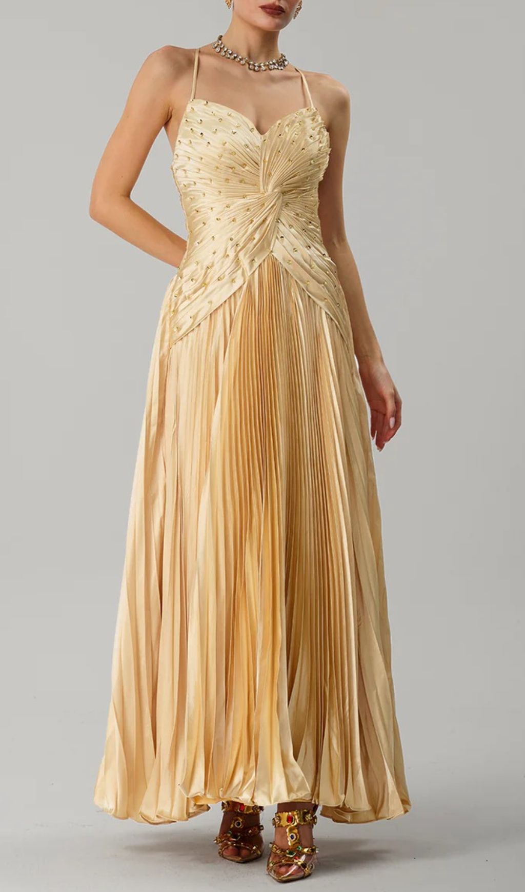 Fashionslee Women Jagtopo Spaghetti Twisted Pleated Maxi Dress