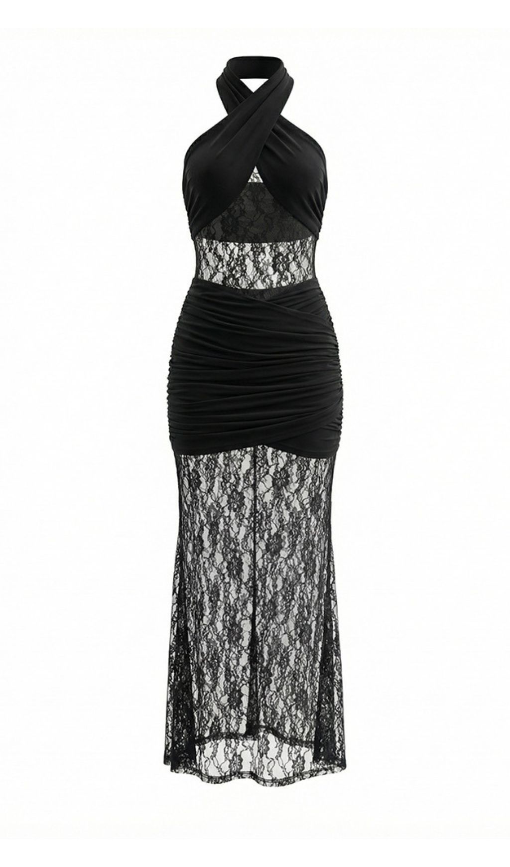 Fashionslee Women Jaelle Black Halter Lace Ruched Maxi Dress