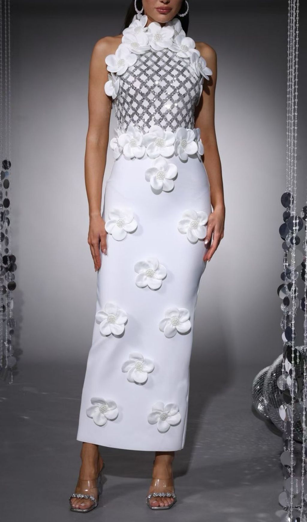 Fashionslee Women Kendi White Halter Flower Sequin Bandage Maxi Dress