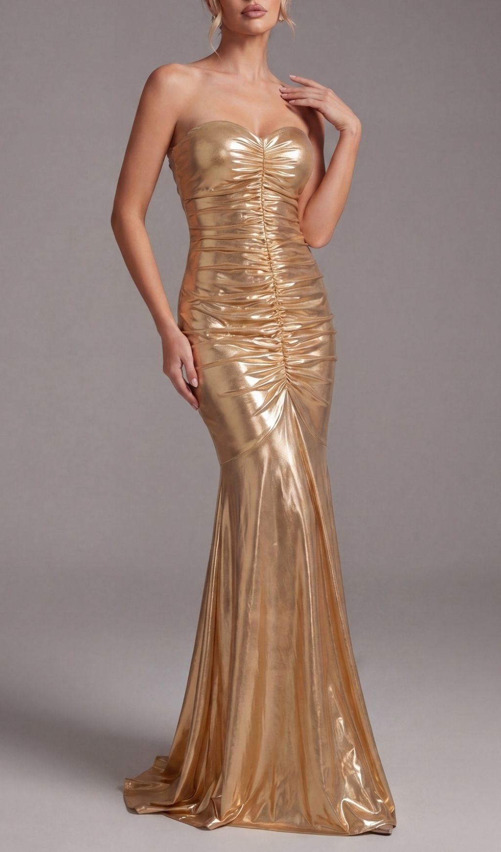 GOLD STRAPLESS RUCHED MAXI: TRENDING AESTHETIC DRESS - OWNCI