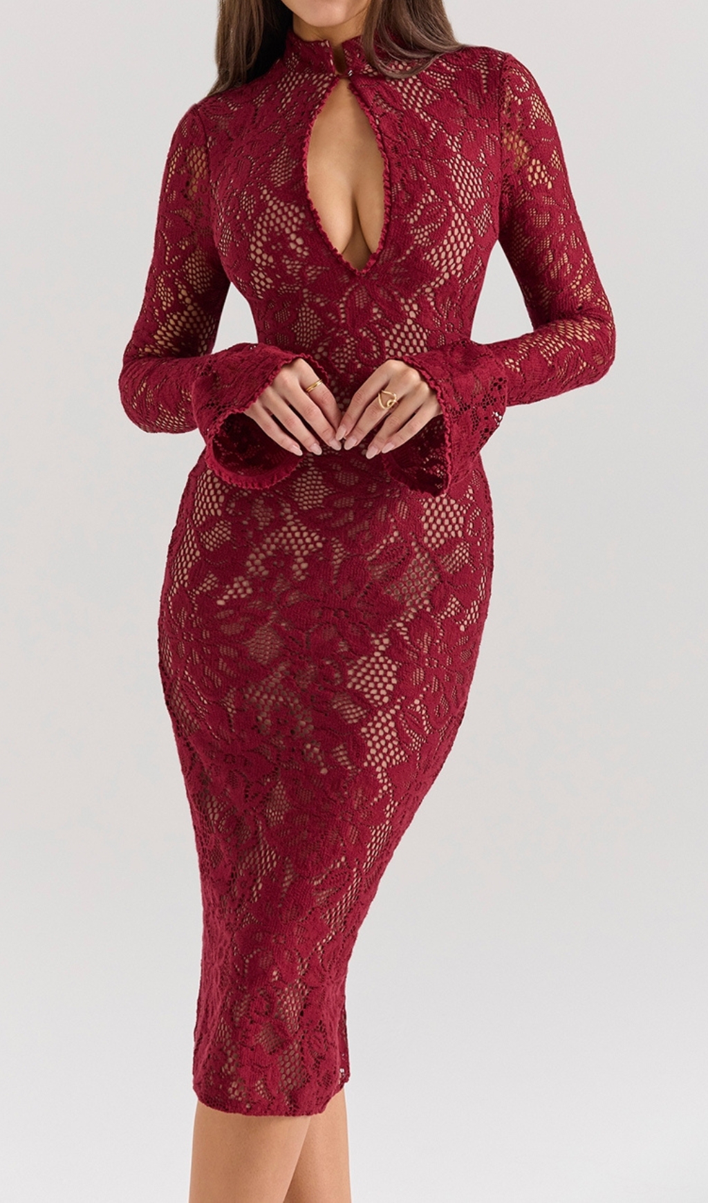34dfd47903e10459ff45c9c910d79ce3.jpg Fashionslee Women Cayman Red Lace Long Sleeve Midi Dress
