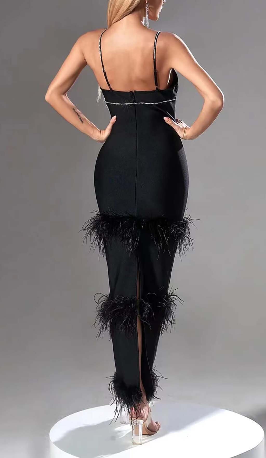 Fashionslee Women Rhinestone Tiered Feather Midi Dress In Black