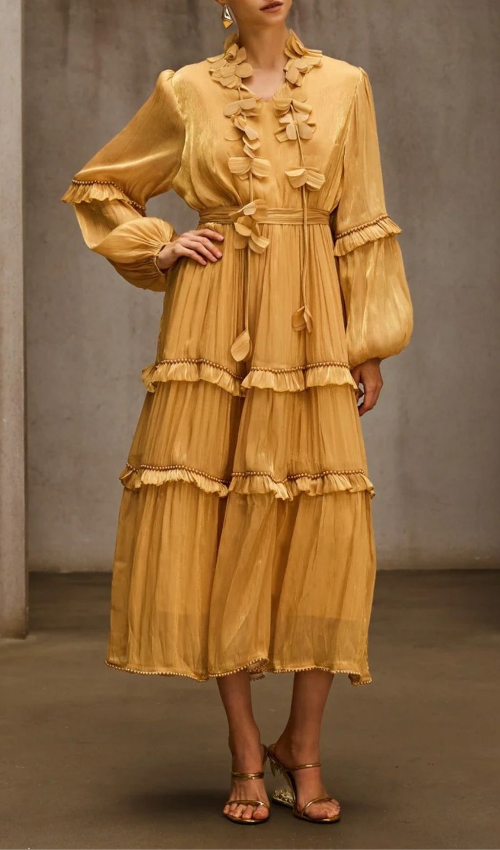 Fashionslee Women Dzon Balloon Sleeve Flower Midi Dress