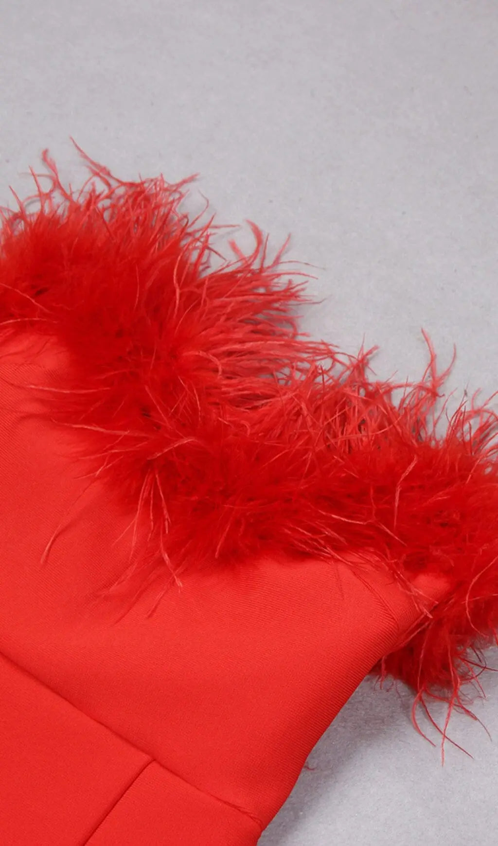 353743762a19f06cf6d6f4348a39809c.jpeg Fashionslee Women Stretch Strapless Feather Trimmed Gown In Red