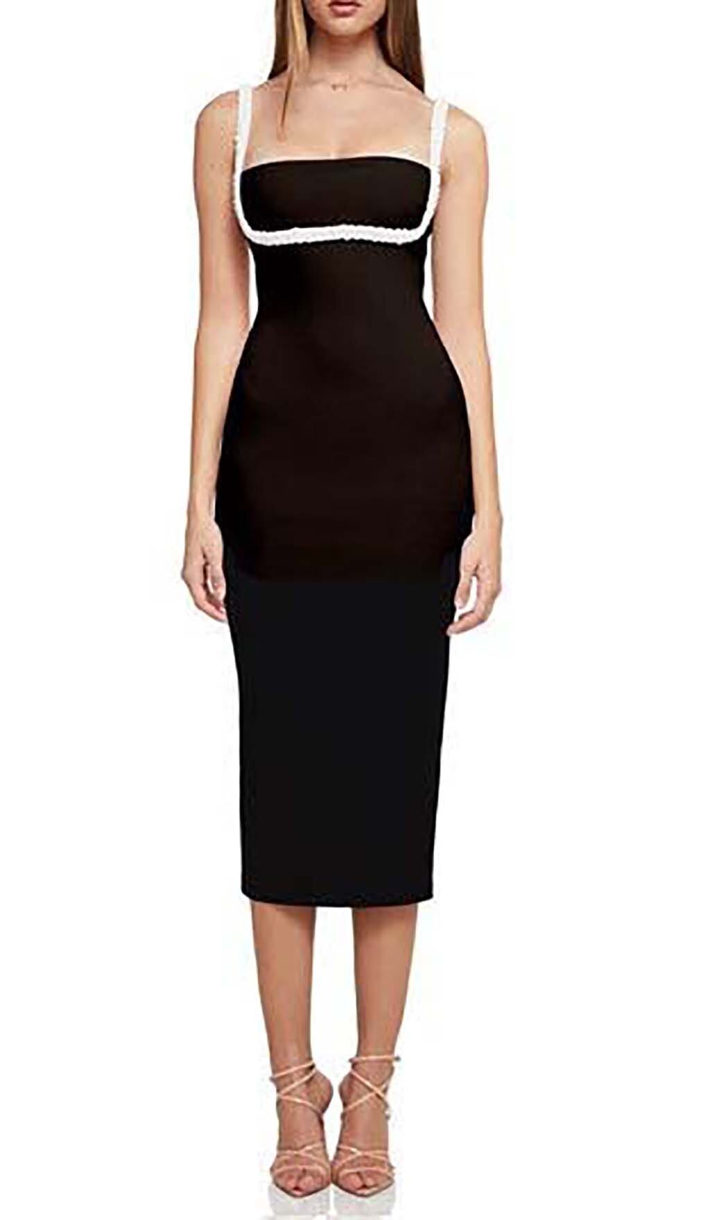 Fashionslee Women Crystal Embellished Trim Midi Dress In Black