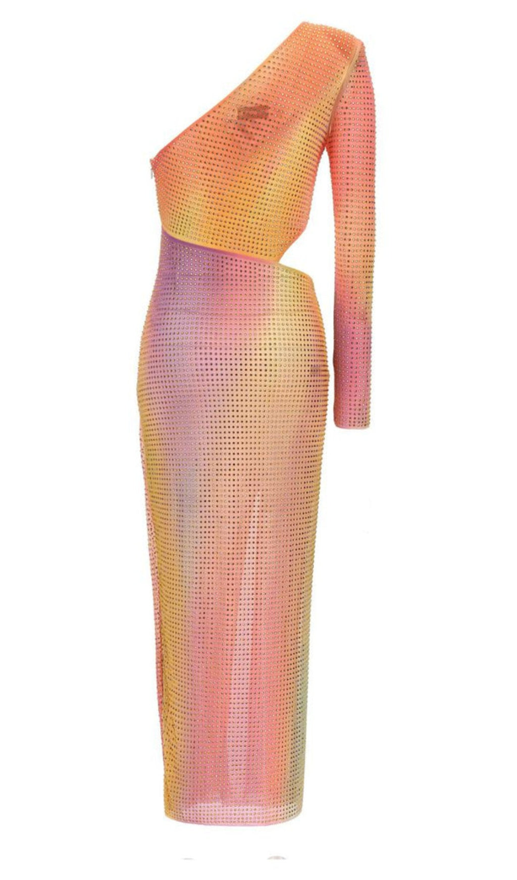 Fashionslee Women Mesh Rhinestone One Shoulder Midi Dress In Cotton Candy