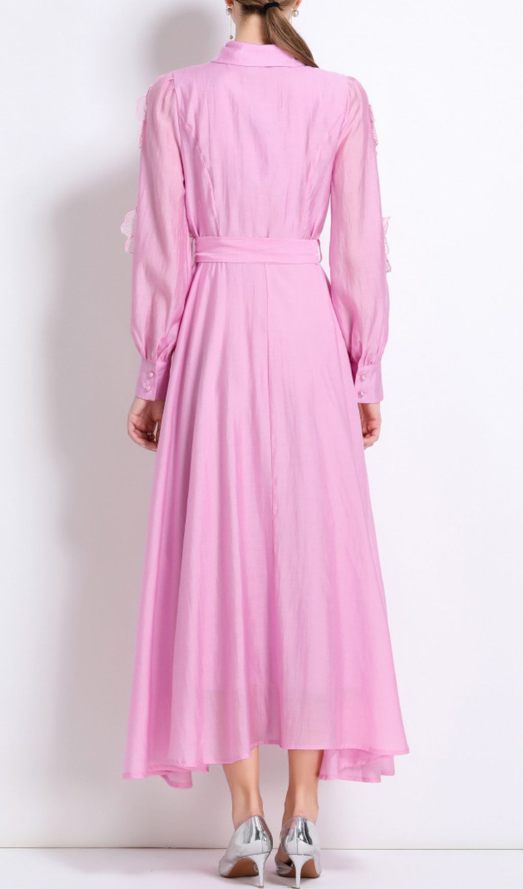 Fashionslee Women Holly Pink Flower Long Sleeve Midi Dress