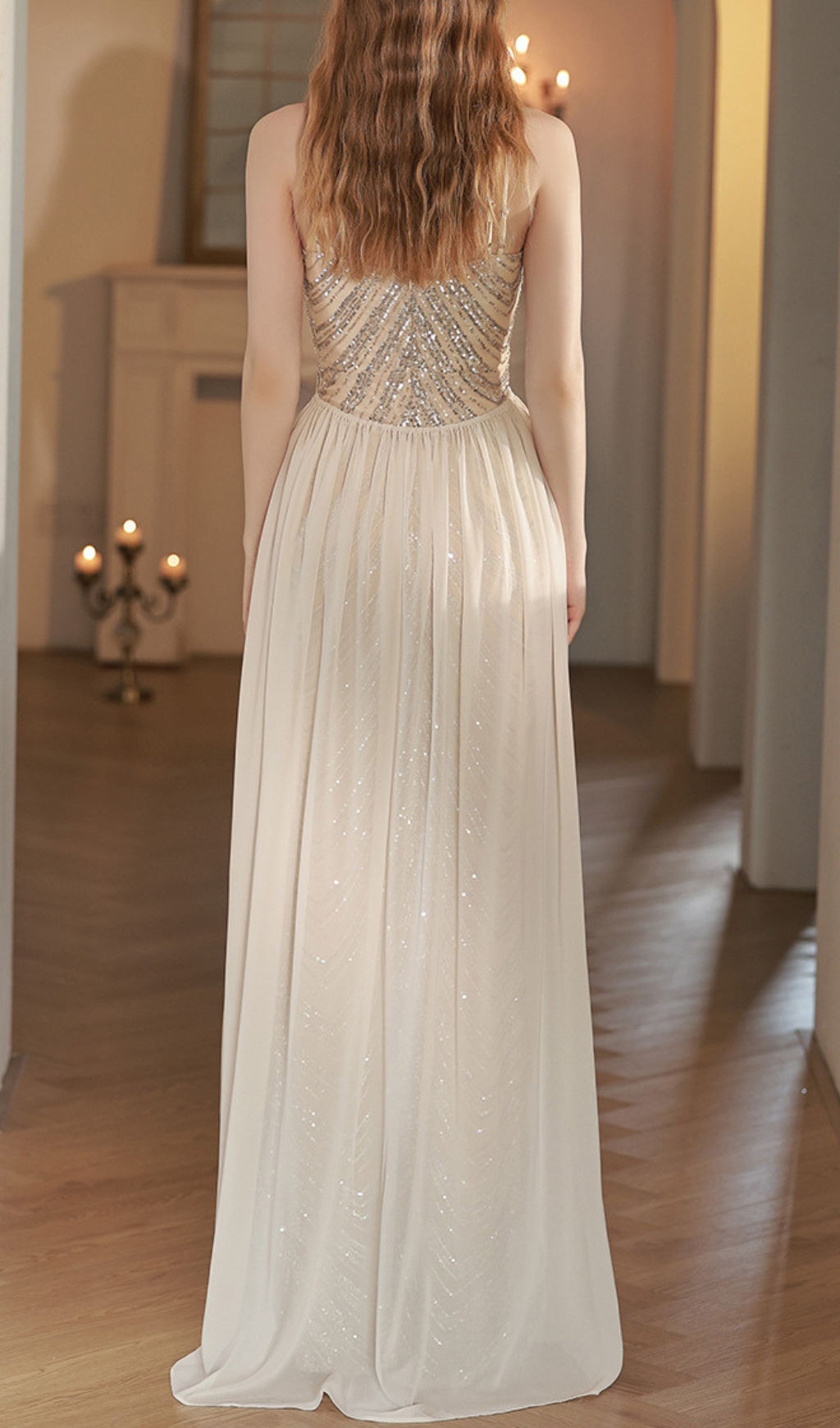 Fashionslee Women Colombe Champagne Halter Sequin Maxi Dress