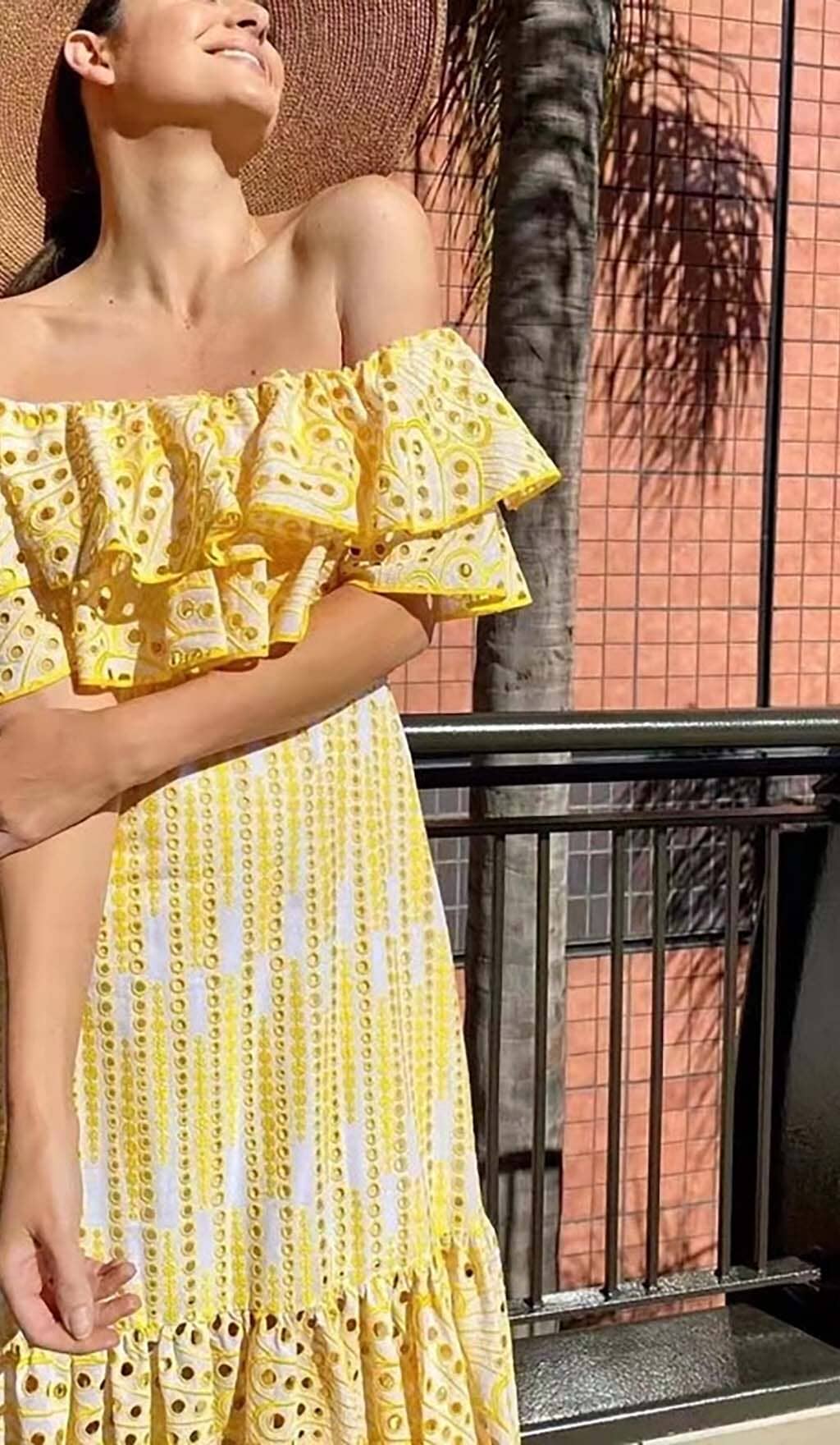 Fashionslee Women Ruffle Cold Shoulder Midi Dress In Yellow