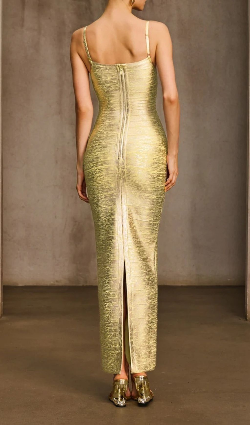 Fashionslee Women Donyelle Spaghetti Bandage Bodycon Maxi Dress In Gold