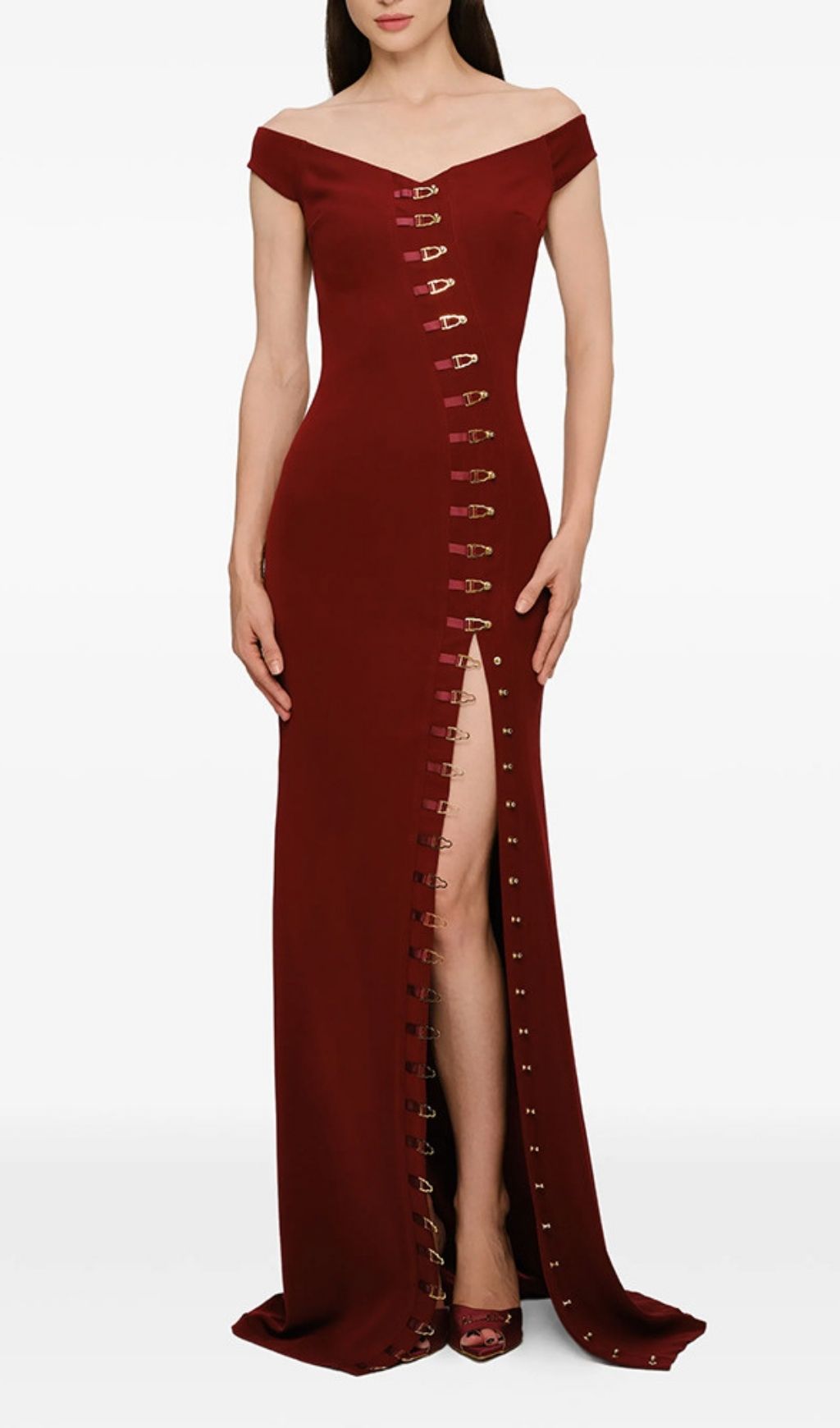 Fashionslee Women Kylen Off-Shoulder Metal Buckle Maxi Dress