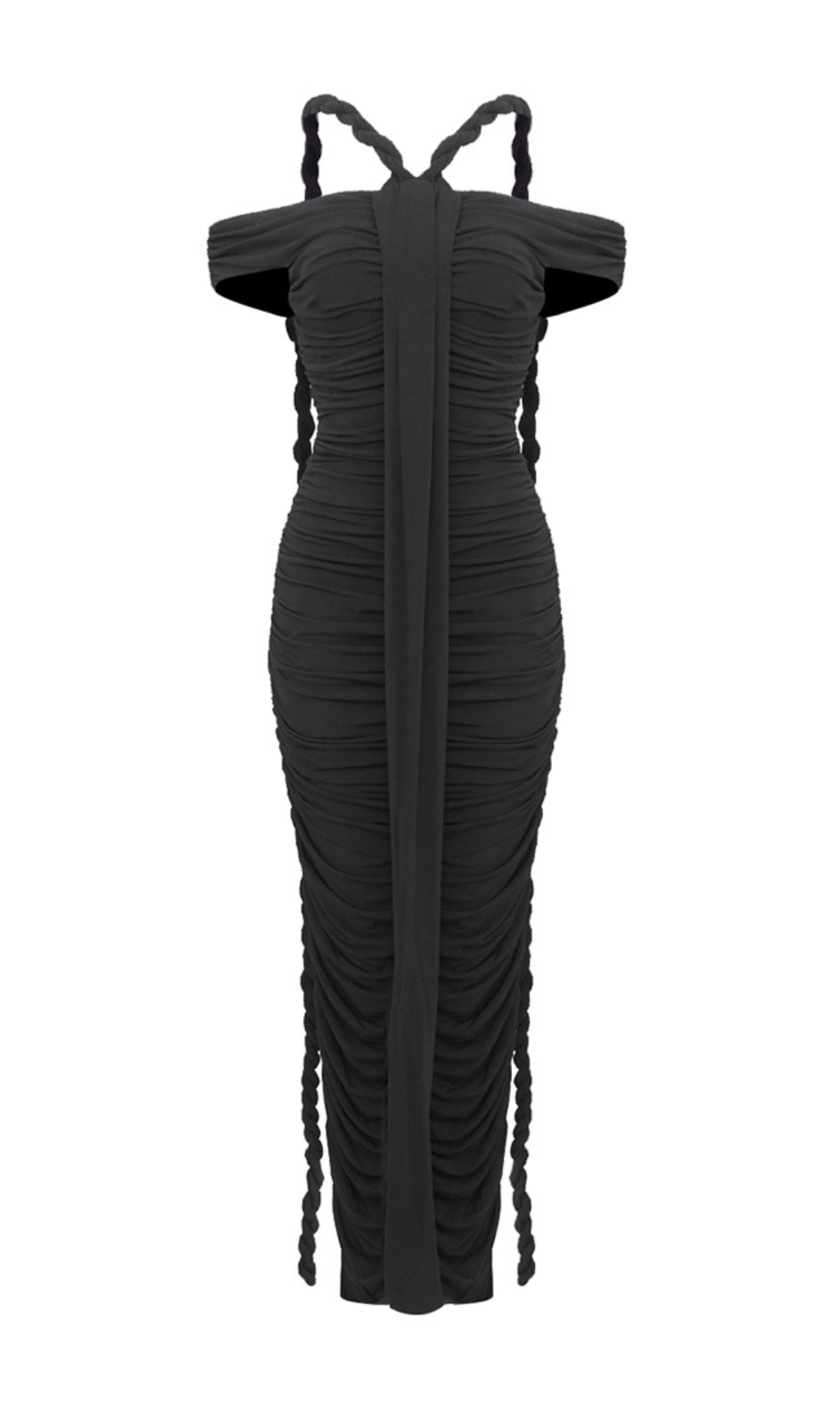 361ff1d8e410105aabdb490415674d45.jpg Fashionslee Women Buddug Black Bardot Ruched Maxi Dress